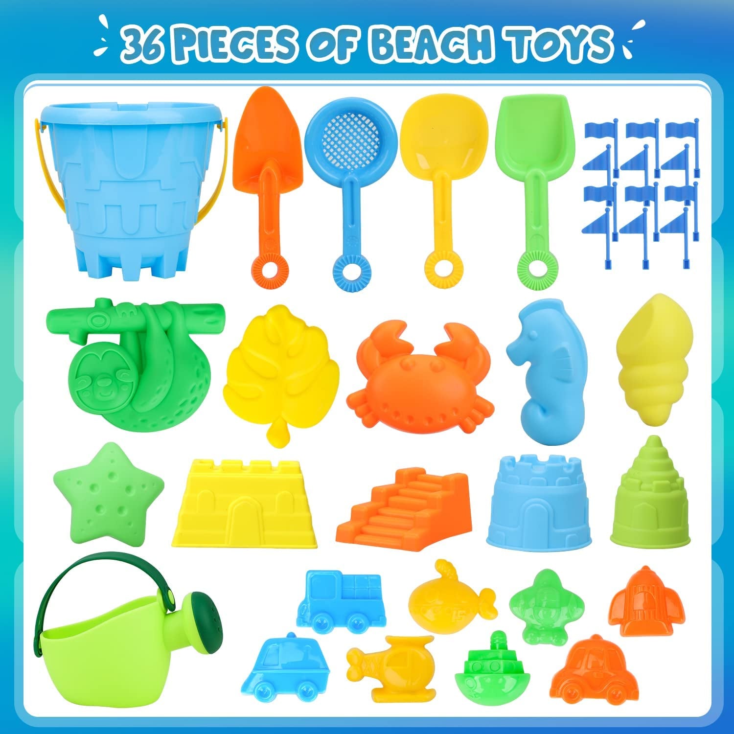 Sand Toys, 36Pcs Kids Beach Toys - Bucket Shovel Set, Sieve, Sand Castle Molds Kit, Animal Molds, Mesh Bag