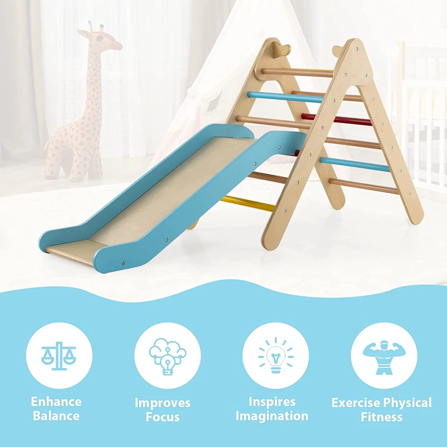 Climbing Toys for Toddlers, 2 in 1 Montessori Kids Wood Triangle Climber with Ramp Ladder Slide for Gym Playground, Indoor Outdoor Climbing Toy Baby Play Structure Activity Set for Boys Girls