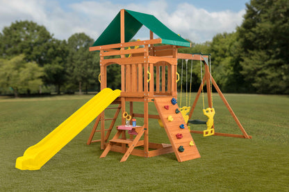 Sky View Cedar Backyard Playset Yellow Slide | W: 17'10" D: 9'4" H: 9'9" | Glider & Belt Swings | Binoculars, Steering Wheel & Telescope | Kids Age 3-12 | ASTM Standards | 10-Year Warranty on Wood