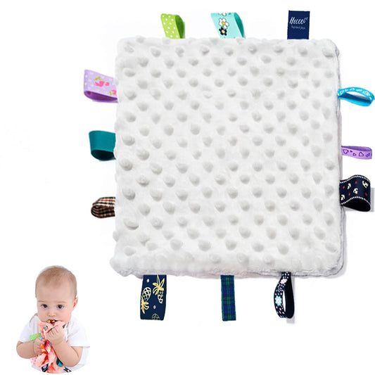 Baby Security Blanket with Colorful Satin Tags, 10 X 10 Inches Square Appease Blankets, Plush Sensory Blanket 