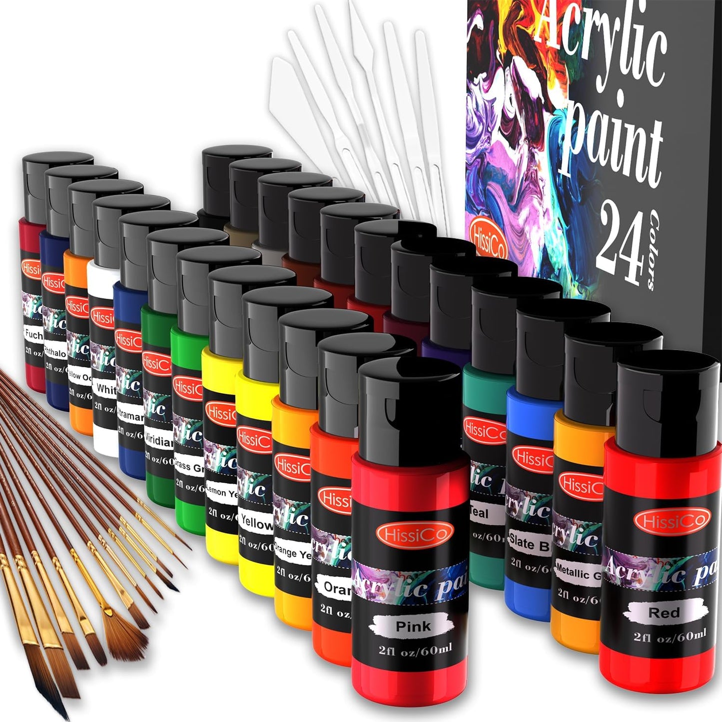 Acrylic Paint Set of 24 Colors 2Fl Oz 60Ml Bottles with 12 Brushes and 6 Paint Knives, Non Toxic