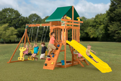 Sky View Cedar Backyard Playset Yellow Slide | W: 17'10" D: 9'4" H: 9'9" | Glider & Belt Swings | Binoculars, Steering Wheel & Telescope | Kids Age 3-12 | ASTM Standards | 10-Year Warranty on Wood