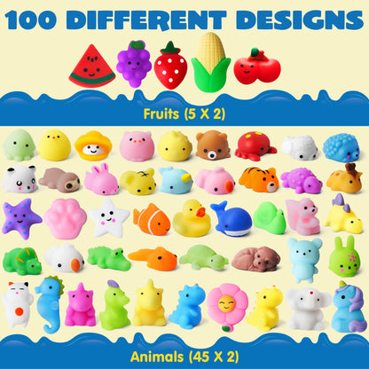 100 Pcs Mini Animals & Fruit Mochi Squishies for Kids Party Favor Toys for Stress Relief, Novelty Fidget Toys for Pinata Fillers, Classroom Prizes for Students, Birthday Gifts