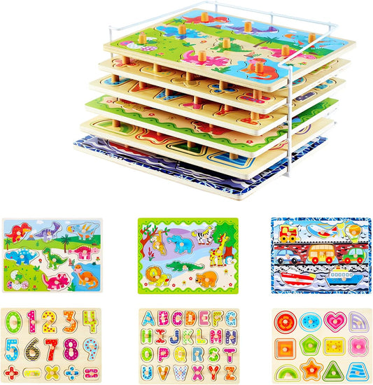 Puzzles for Toddlers, 6 Pack with Wire Puzzle Holder Rack