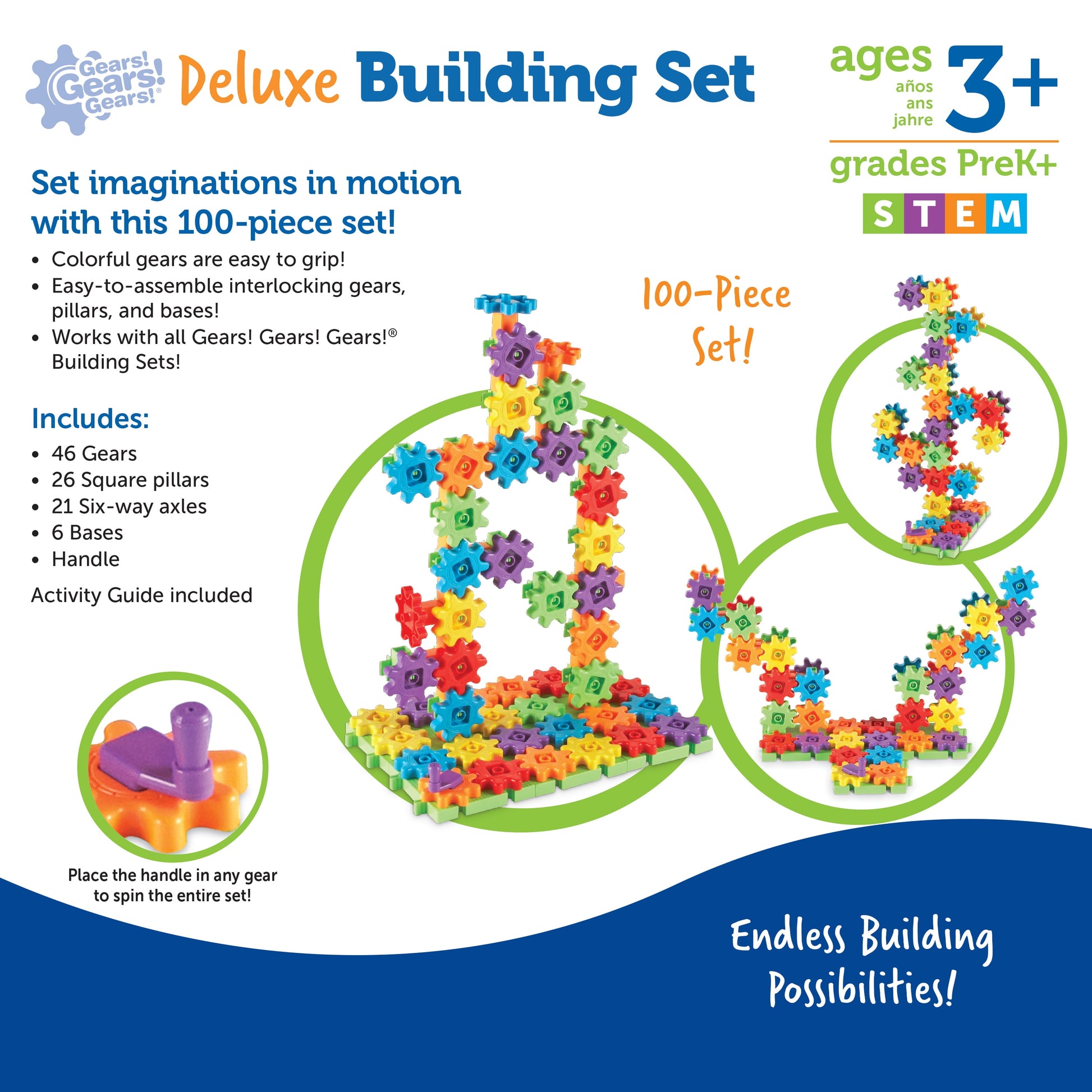 Gears! Gears! Gears! 100-Piece Deluxe Building Set, Boys and Girls Ages 3+, STEM, Building Toy for Kids