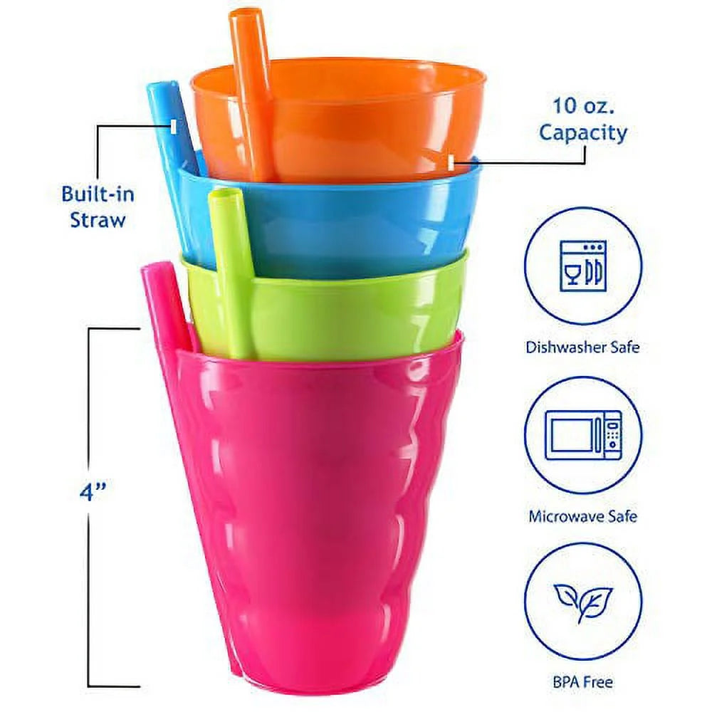 Pack of 12 Kids Cups - 10 Oz Straw Cups - Kids Cup with Straw - 4 Assorted Colors