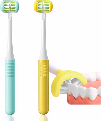 2 Pieces 3 Sided Toddler Toothbrush, Three Bristles for Kids Toothbrush, Autism Soft Bristles（Blue+Yellow） 