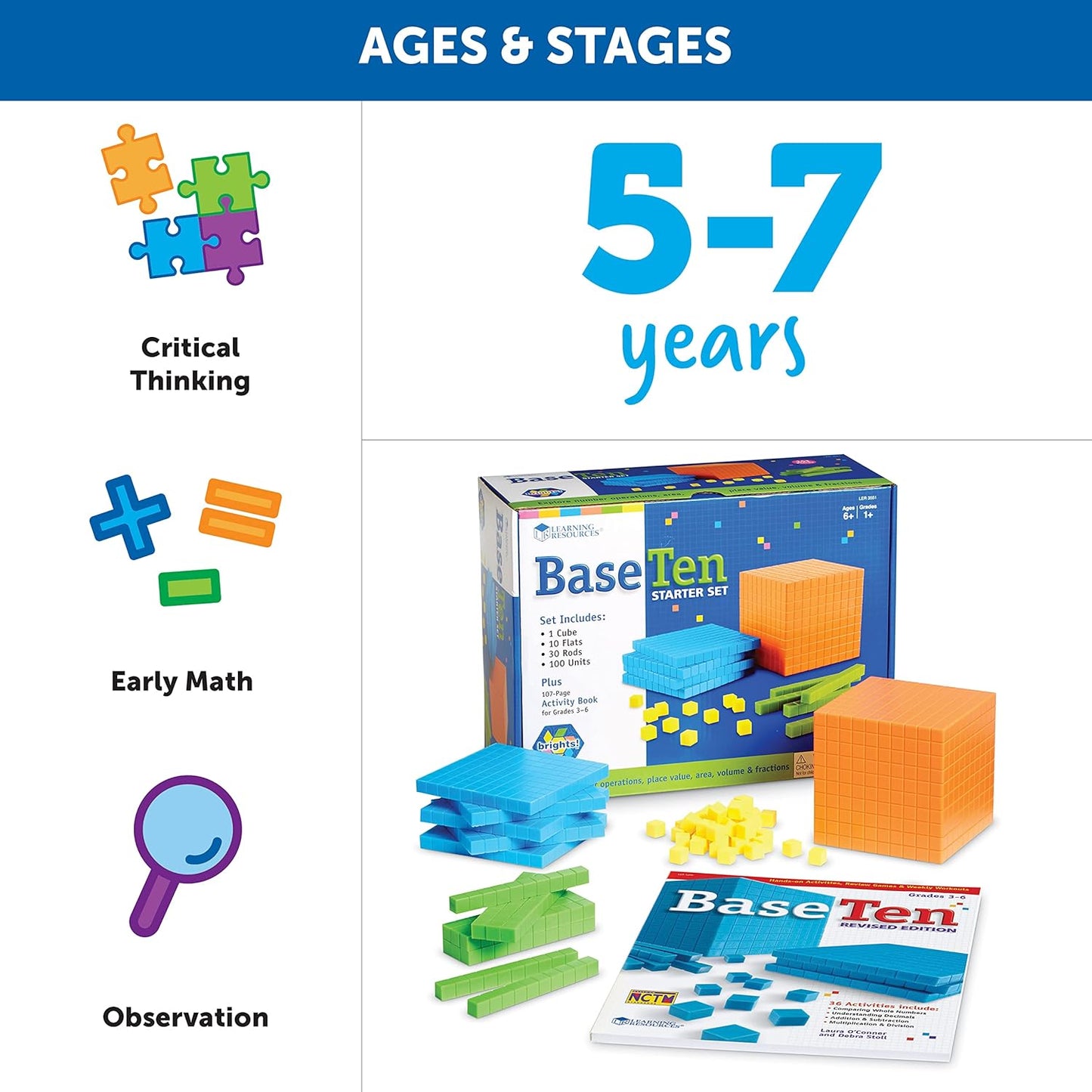 Base 10 Math Set with Activity Guide Included - 100 Piece Set, Ages 6+ 