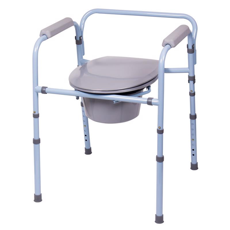 Bedside Commode, 3-In-1 Steel Folding, Raised Toilet Seat and Safety Frame, 300 Lb Weight Capacity