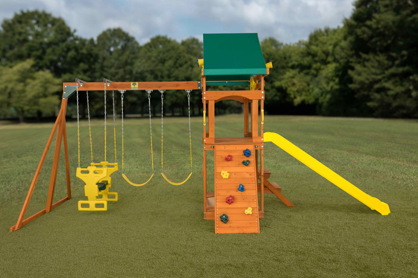 Sky View Cedar Backyard Playset Yellow Slide | W: 17'10" D: 9'4" H: 9'9" | Glider & Belt Swings | Binoculars, Steering Wheel & Telescope | Kids Age 3-12 | ASTM Standards | 10-Year Warranty on Wood