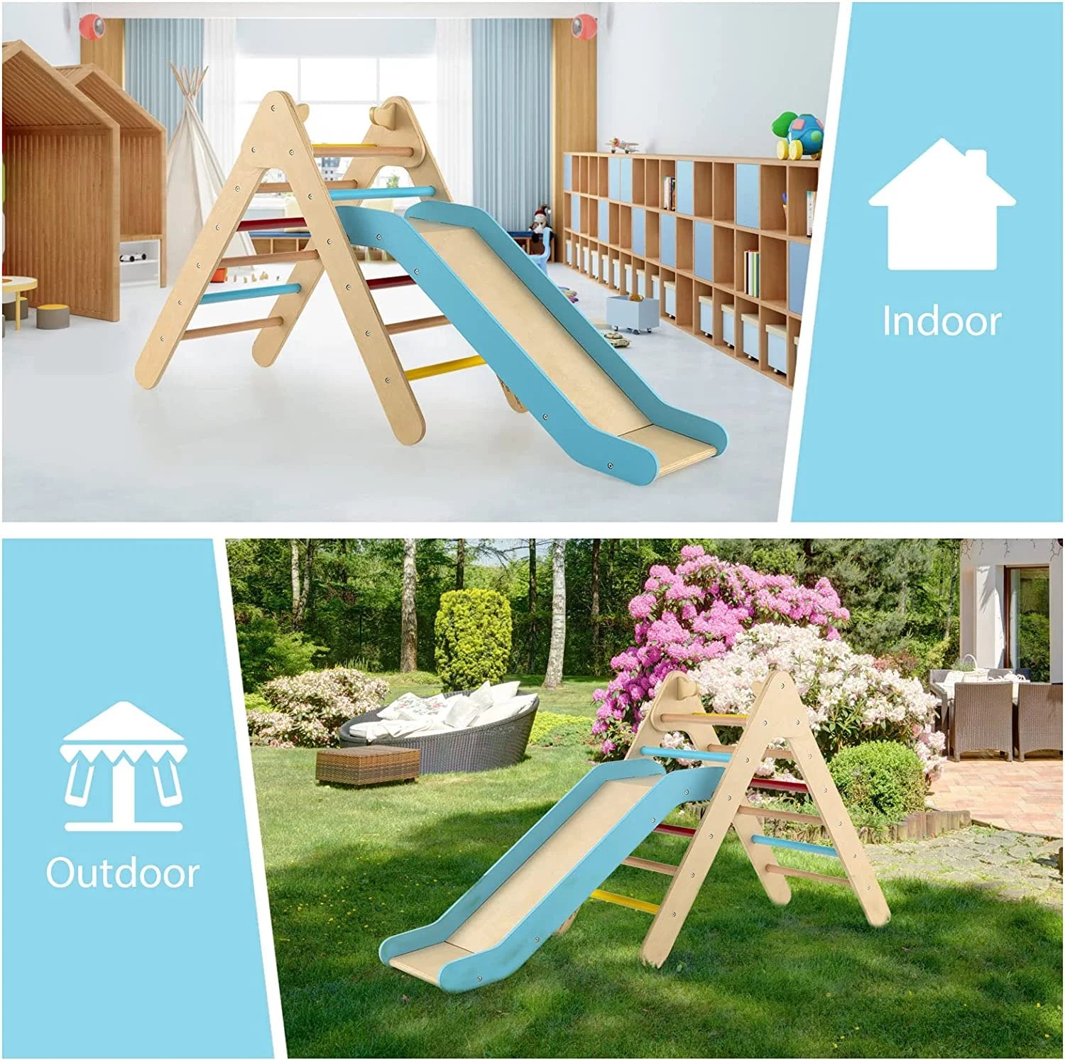 Climbing Toys for Toddlers, 2 in 1 Montessori Kids Wood Triangle Climber with Ramp Ladder Slide for Gym Playground, Indoor Outdoor Climbing Toy Baby Play Structure Activity Set for Boys Girls