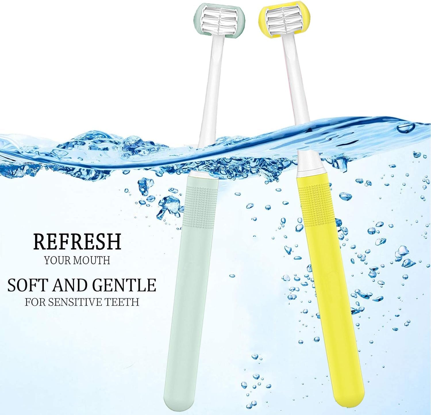 2 Pieces 3 Sided Toddler Toothbrush, Three Bristles for Kids Toothbrush, Autism Soft Bristles（Blue+Yellow） 