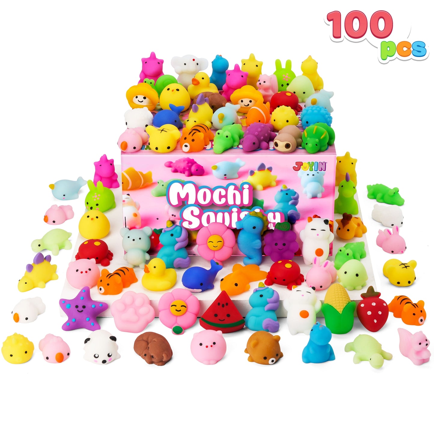 100 Pcs Mini Animals & Fruit Mochi Squishies for Kids Party Favor Toys for Stress Relief, Novelty Fidget Toys for Pinata Fillers, Classroom Prizes for Students, Birthday Gifts