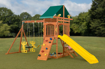 Sky View Cedar Backyard Playset Yellow Slide | W: 17'10" D: 9'4" H: 9'9" | Glider & Belt Swings | Binoculars, Steering Wheel & Telescope | Kids Age 3-12 | ASTM Standards | 10-Year Warranty on Wood