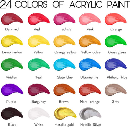 Acrylic Paint Set of 24 Colors 2Fl Oz 60Ml Bottles with 12 Brushes and 6 Paint Knives, Non Toxic