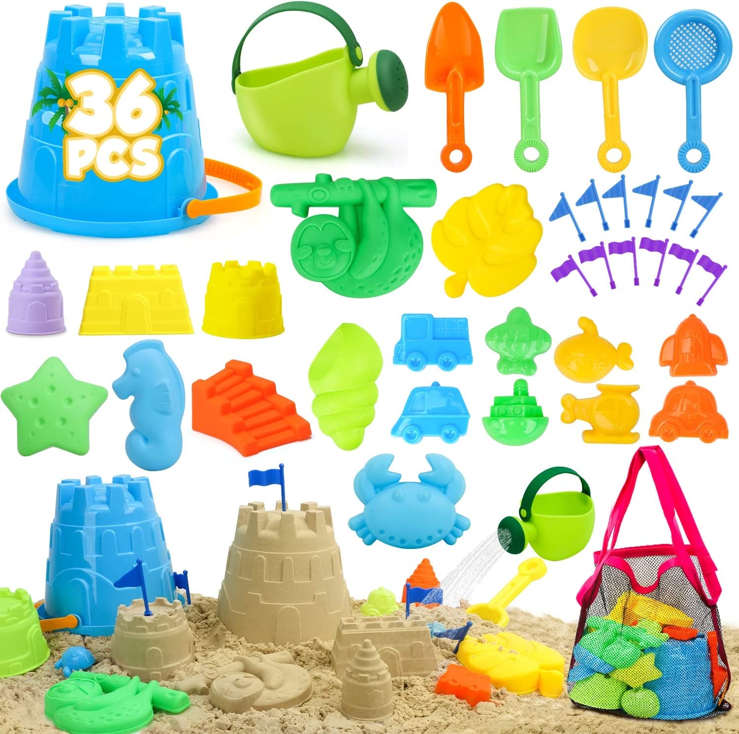 Sand Toys, 36Pcs Kids Beach Toys - Bucket Shovel Set, Sieve, Sand Castle Molds Kit, Animal Molds, Mesh Bag