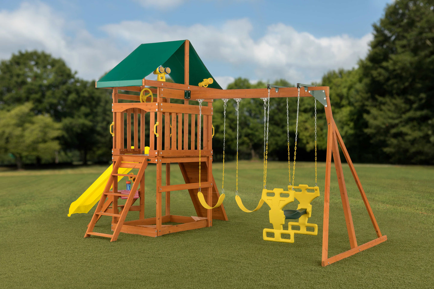 Sky View Cedar Backyard Playset Yellow Slide | W: 17'10" D: 9'4" H: 9'9" | Glider & Belt Swings | Binoculars, Steering Wheel & Telescope | Kids Age 3-12 | ASTM Standards | 10-Year Warranty on Wood