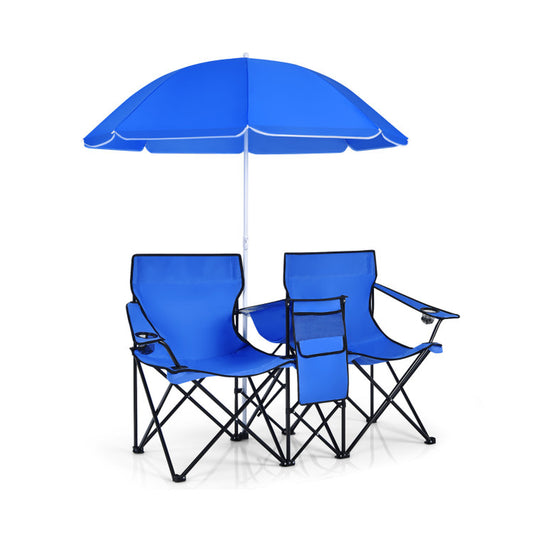 Chair, Portable Folding Double Chair with Umbrella-Blue