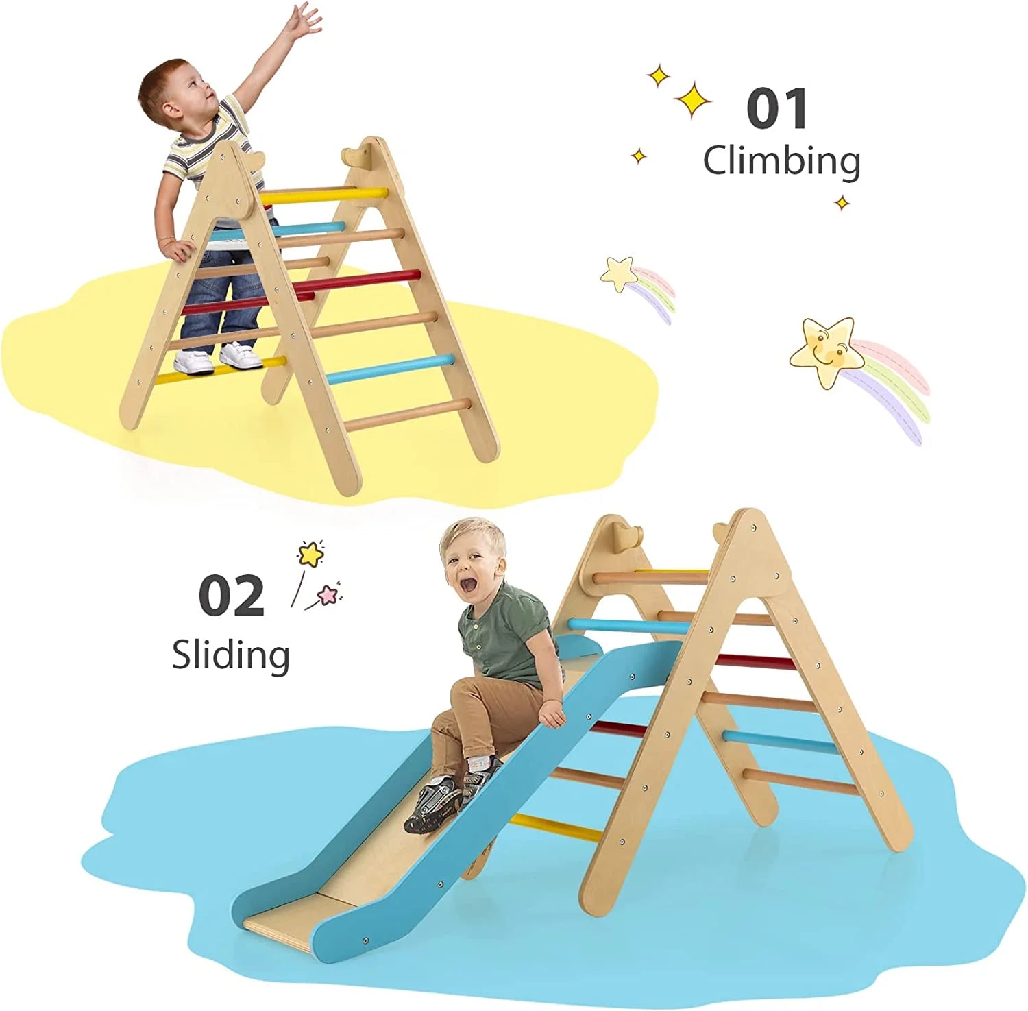 Climbing Toys for Toddlers, 2 in 1 Montessori Kids Wood Triangle Climber with Ramp Ladder Slide for Gym Playground, Indoor Outdoor Climbing Toy Baby Play Structure Activity Set for Boys Girls